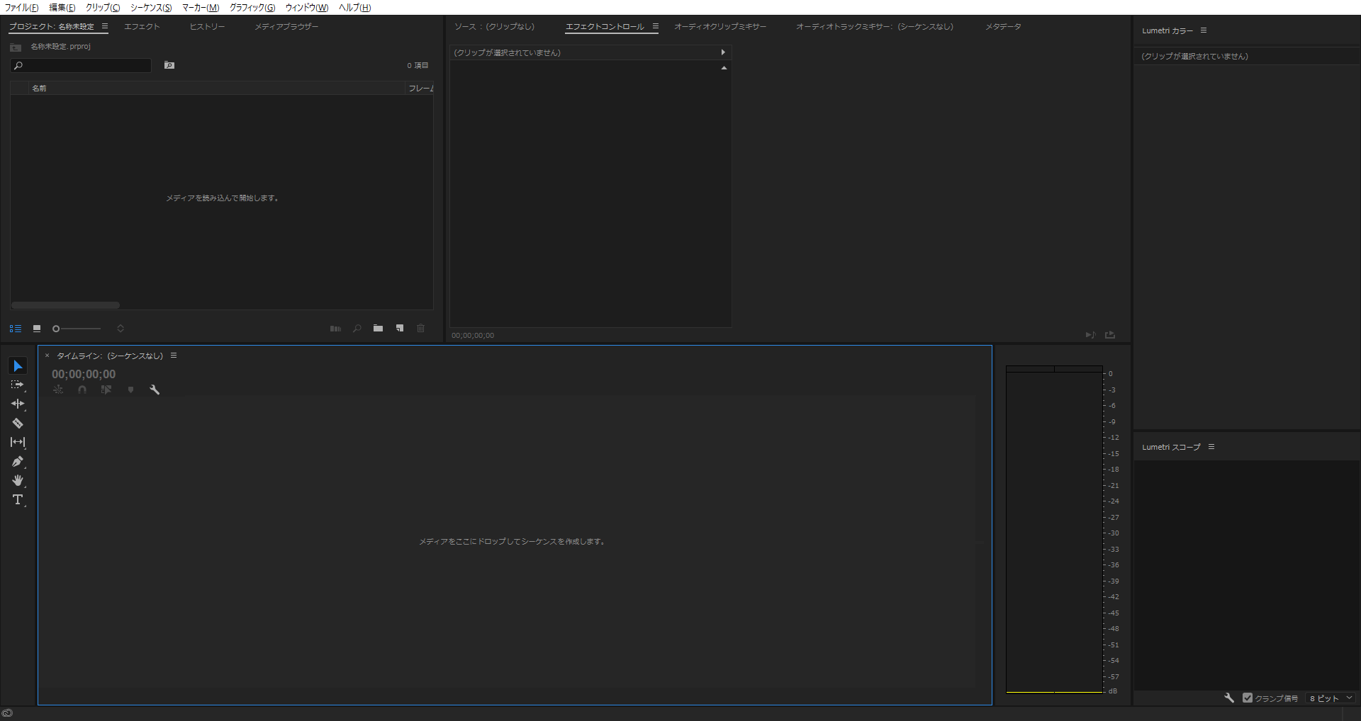 空っぽの状態で開くことのできたPremiere Proのプロジェクト画面